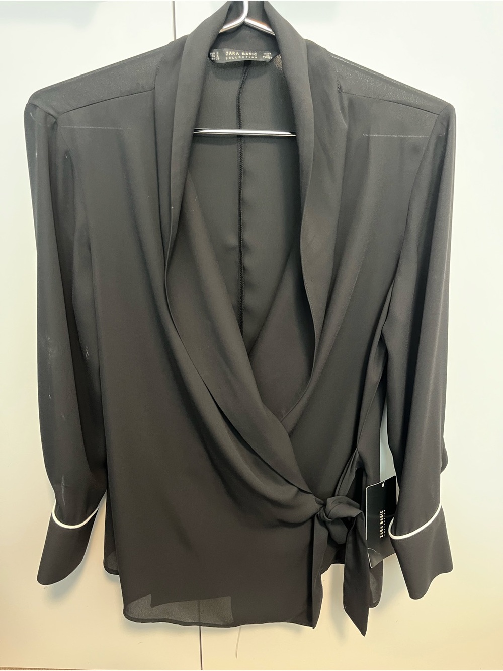 Zara Black Wrap Blouse with White Piping